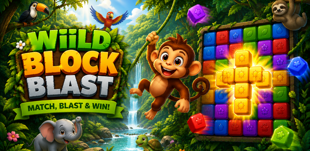 Wild Block Blast key art: the jungle board with animal friends