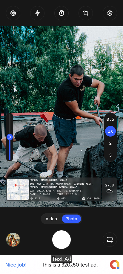 MapTag Camera viewfinder with the location, address, coordinates, date and time stamp on the photo