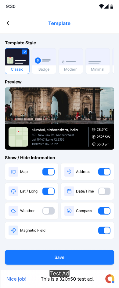 The stamp template screen: template styles, a live preview of the stamped photo, and toggles for map, address, coordinates, date, weather, compass and magnetic field