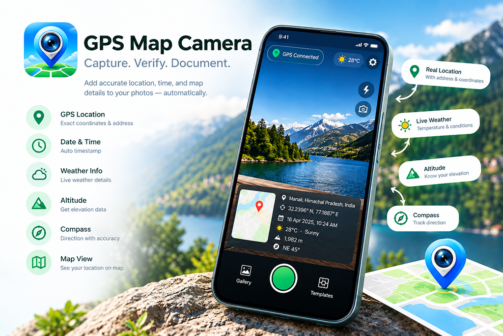 MapTag Camera feature graphic: a phone showing the viewfinder with GPS location, date and time, weather, altitude and compass details stamped onto the photo