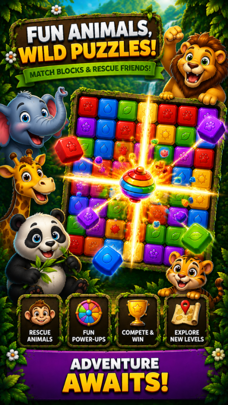 Fun animals and wild puzzles: match blocks to rescue jungle friends
